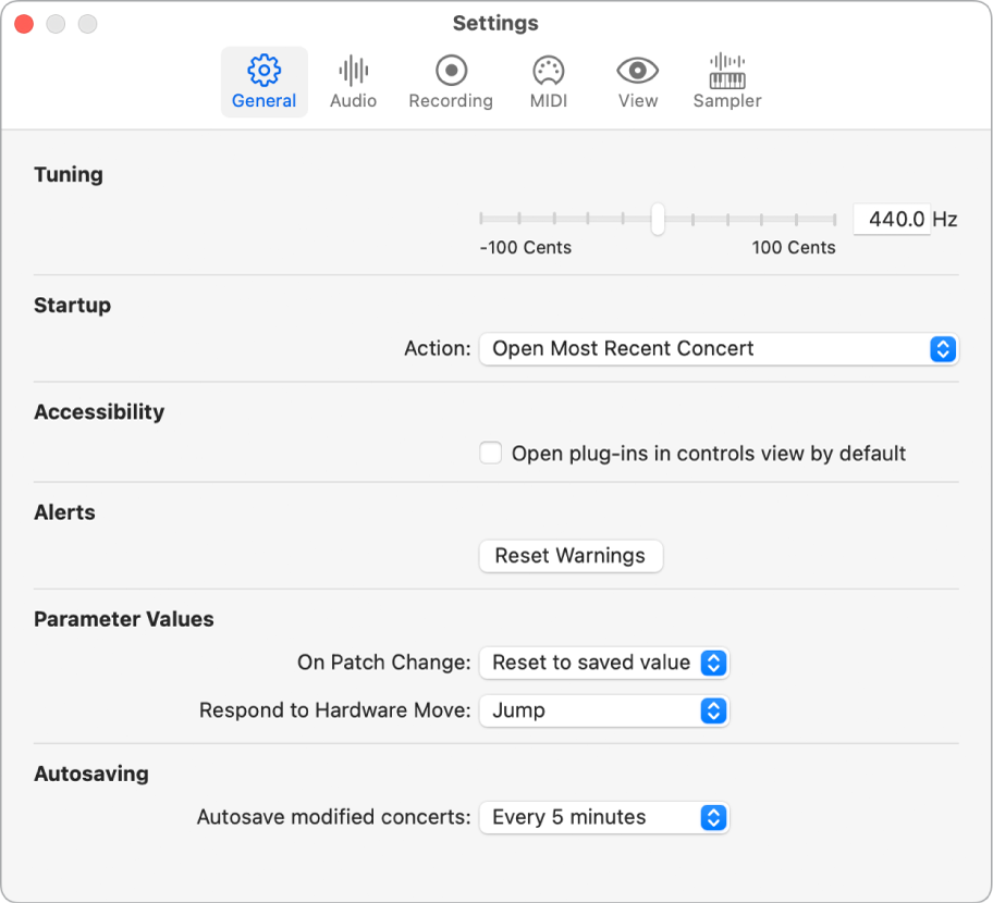 Figure. General settings pane.