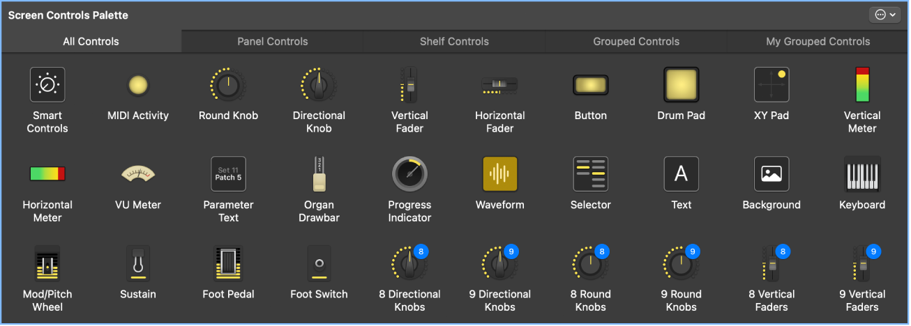 Figure. The Screen Controls palette showing all screen control types.