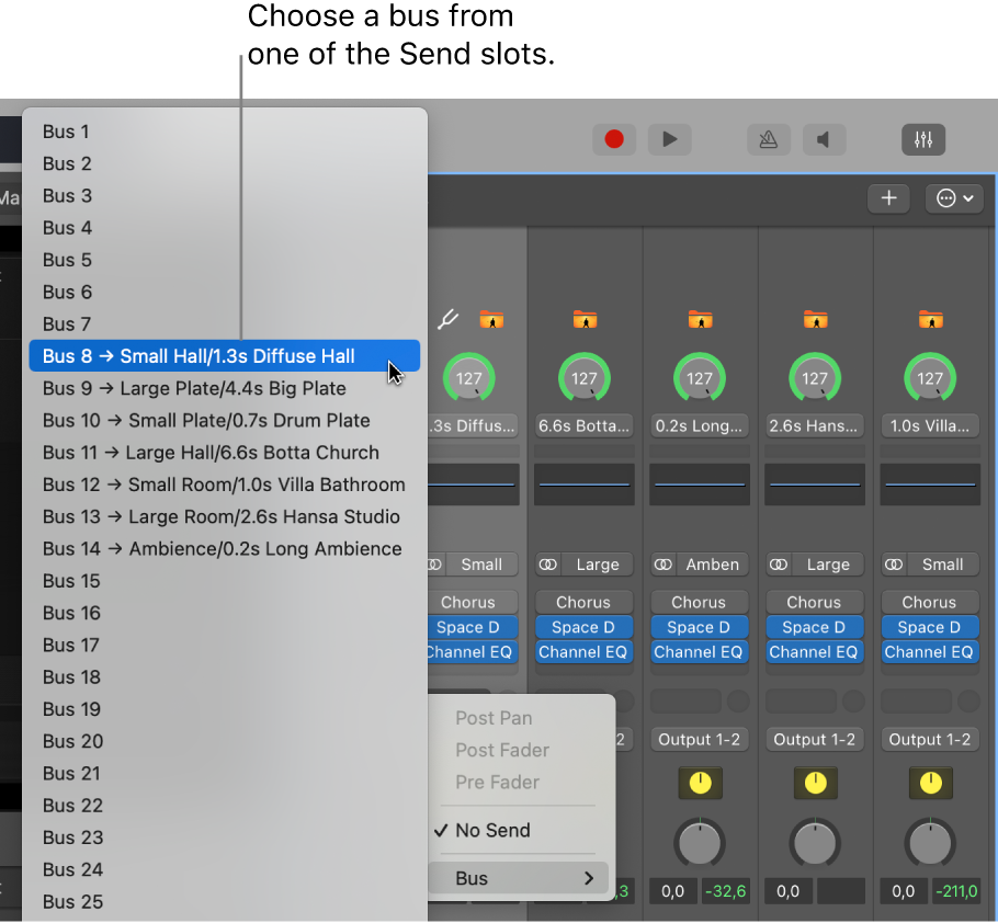 Figure. Choosing a bus from a Send slot on a channel strip.