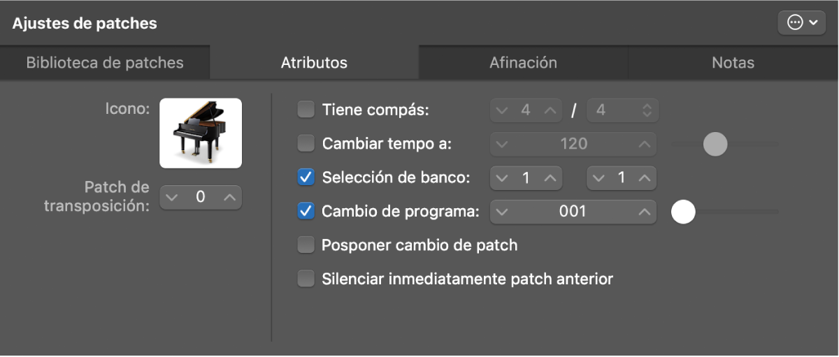 Ilustración. El inspector de ajustes de patch con la pestaña Atributos abierta.