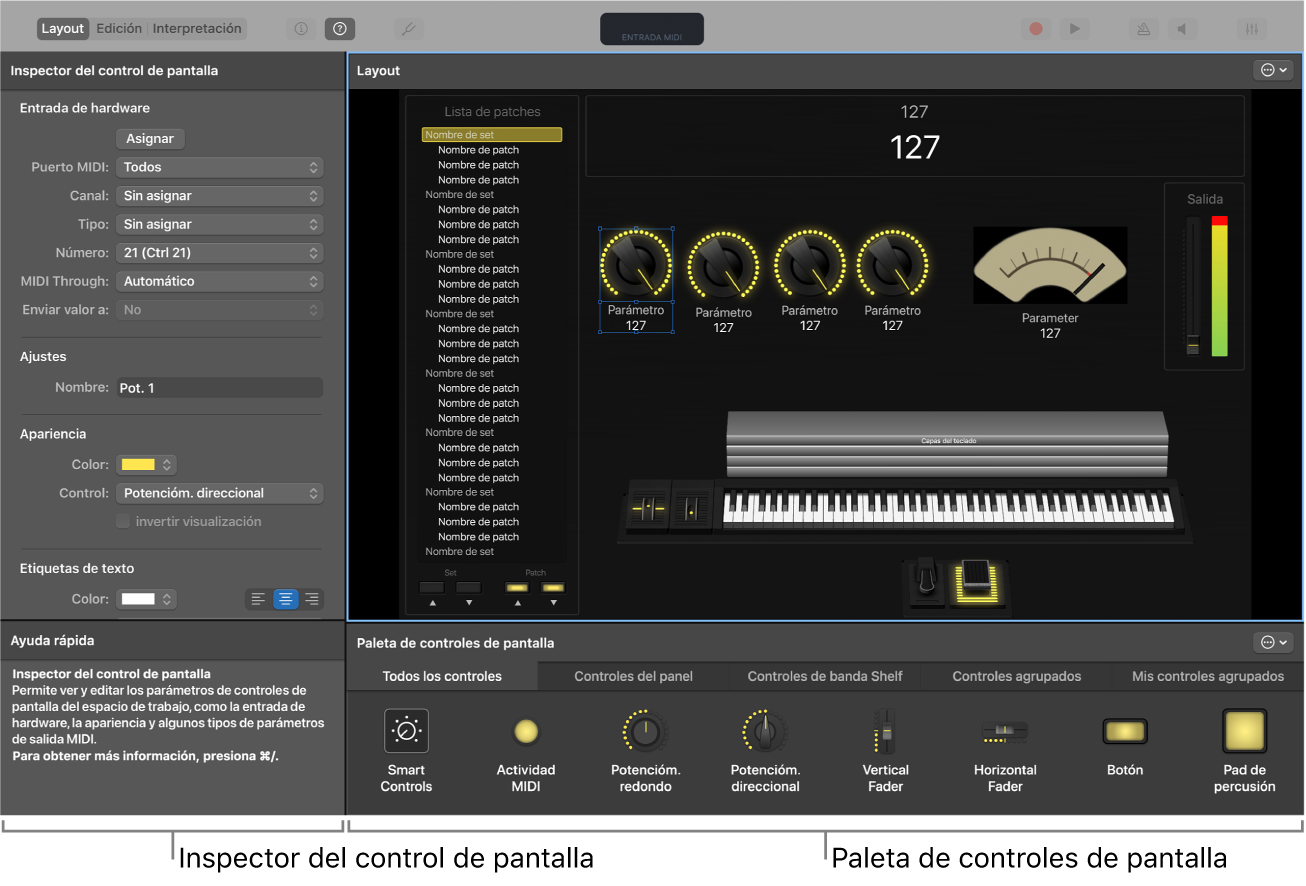 Modo de diseño con el inspector de control de pantalla y la paleta de controles de pantalla.