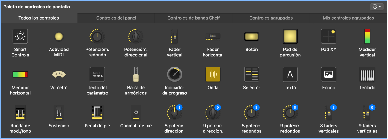 Ilustración. La paleta de controles de pantalla con todos los tipos de control.