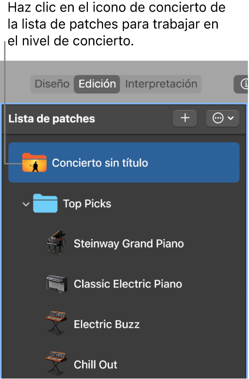 Ilustración. Selección del icono de concierto en la lista de patches.