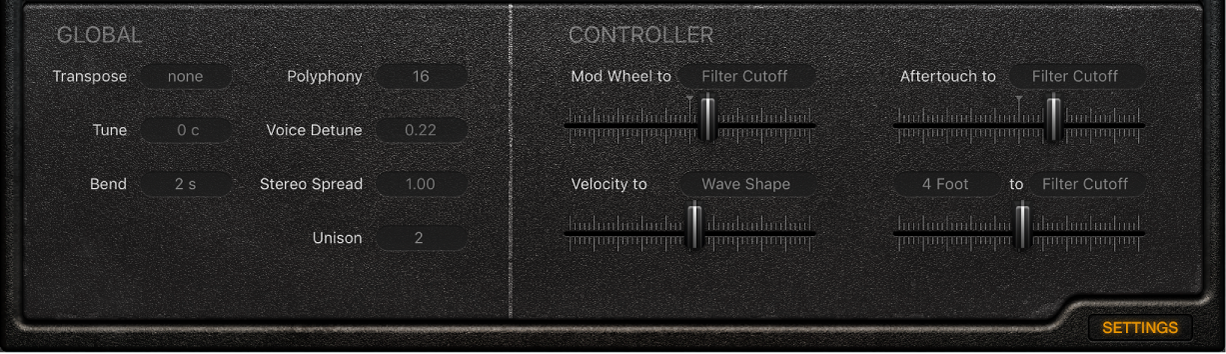 Figure. Paramètres Global et Controller de Retro Synth.