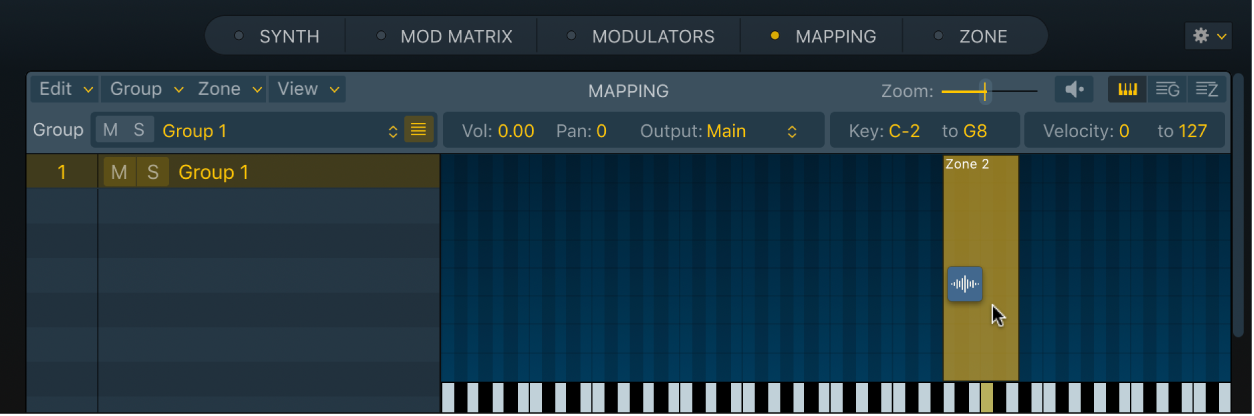 Figure. Éditeur de mappage de touche de Sampler montrant un fichier audio en cours de glissement sur une zone vide.