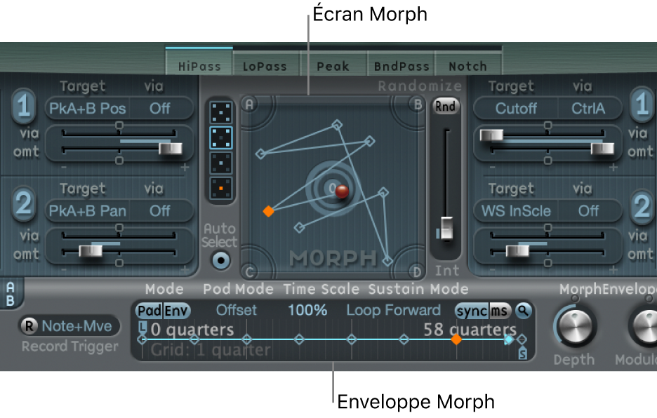 Figure. Pad Morph et fenêtre Morph Envelope affichant toutes les deux le point sélectionné.