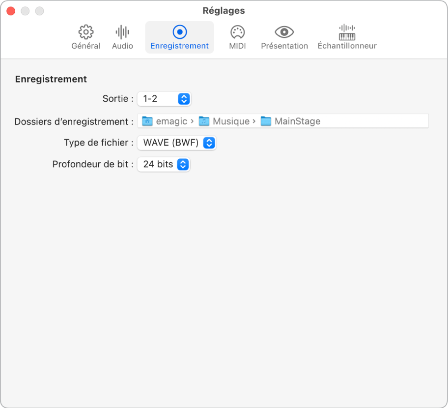 Figure. Sous-fenêtre des réglages d’enregistrement.