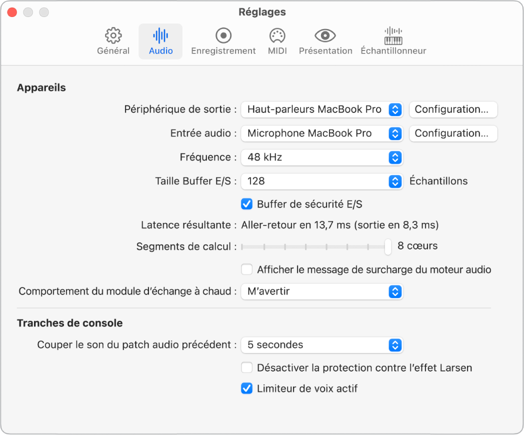 Figure. Sous-fenêtre des réglages audio.