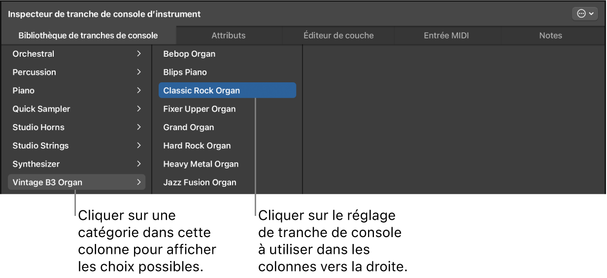 Figure. Bibliothèque de tranches de console avec réglage de tranche de console sélectionné.