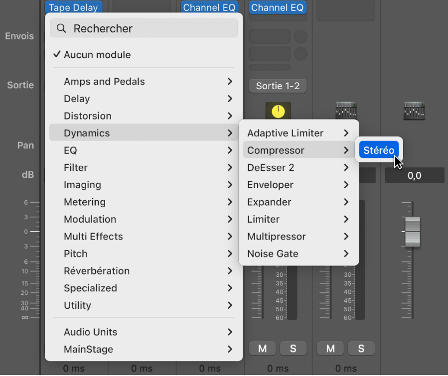 Figure. Menu du module Effet audio montrant le pointeur sur le module Compressor.