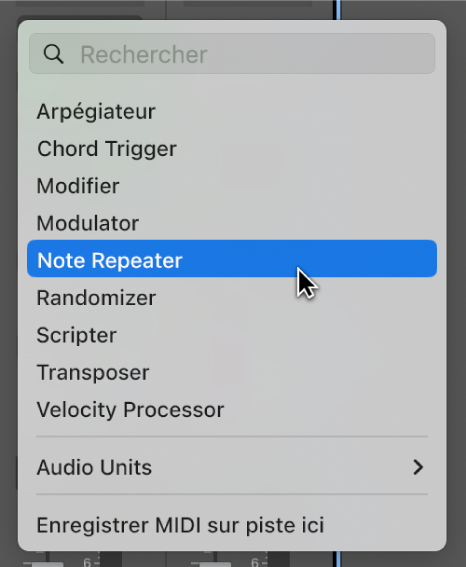 Figure. Menu du module Effet MIDI montrant le pointeur sur le module Note Repeater.