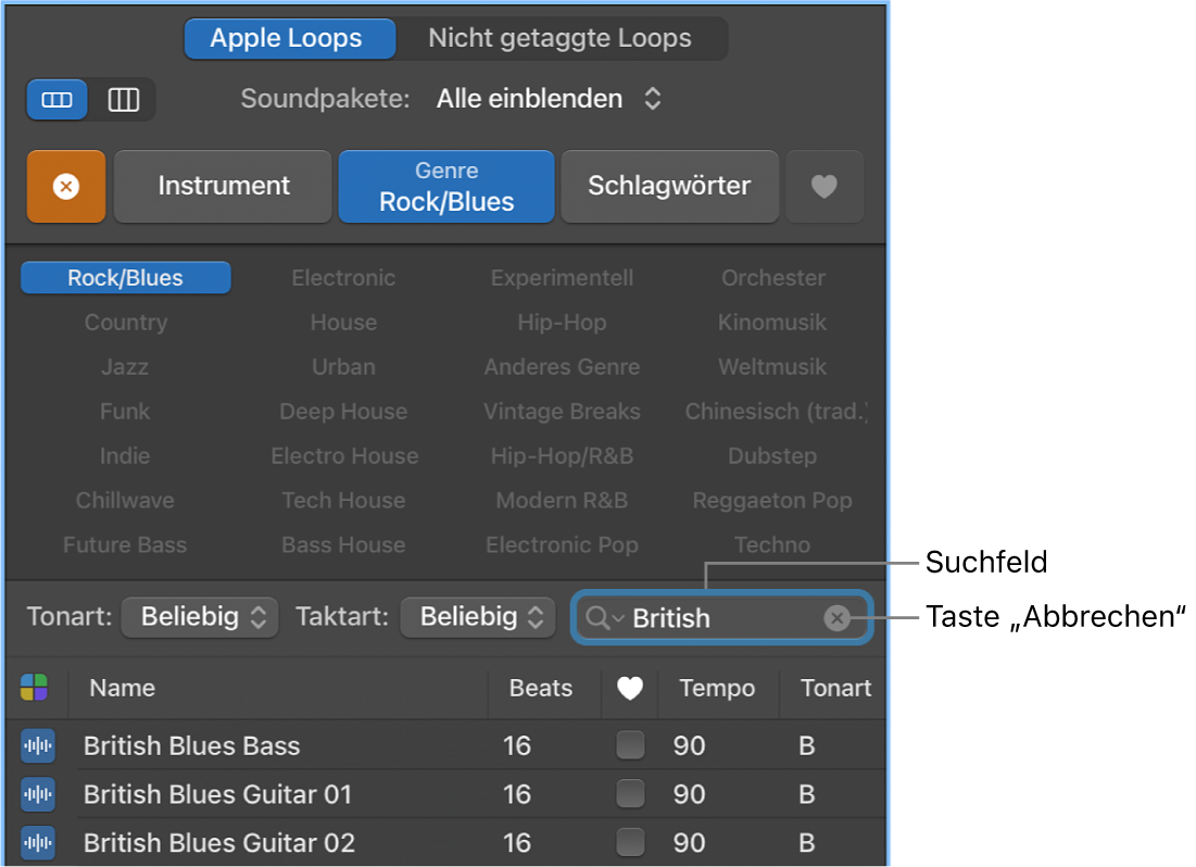 Suchfeld und Taste „Abbrechen“ im Loop Browser