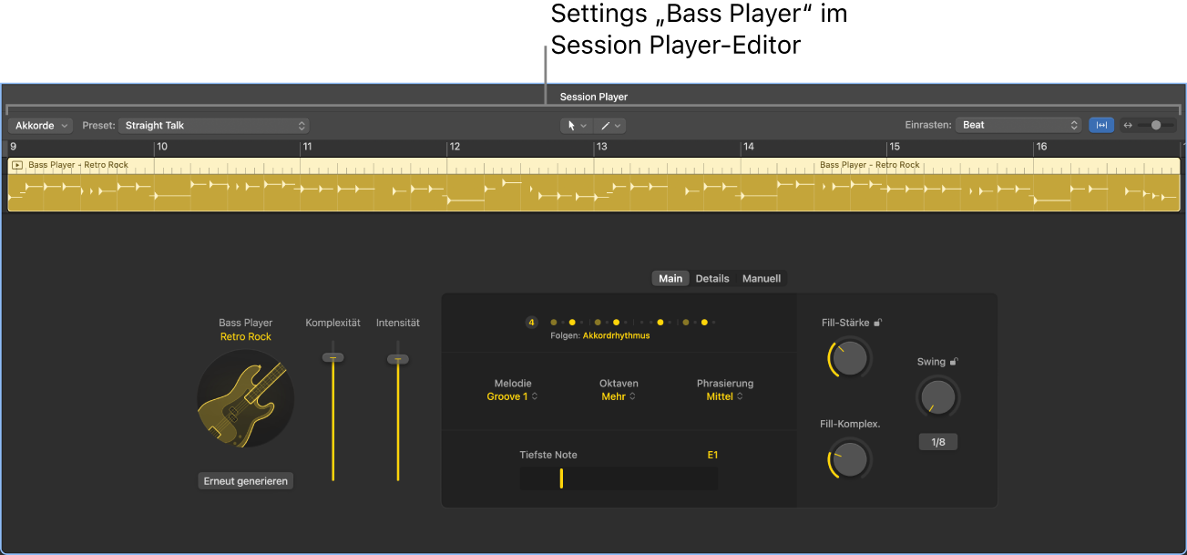 Abbildung. Der Session Player-Editor mit den Bass Player-Einstellungen.