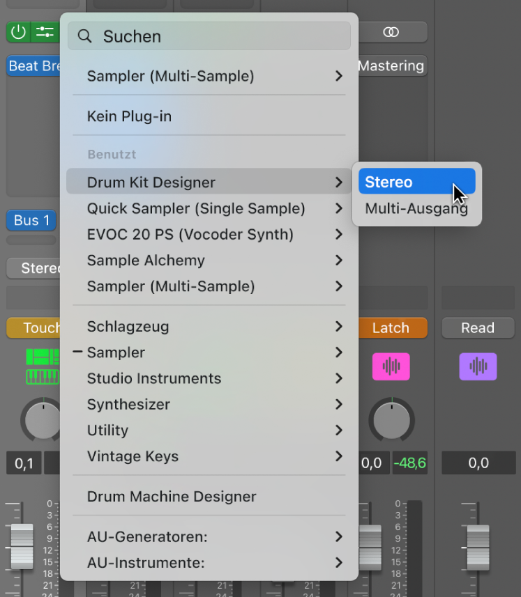 Abbildung. Auswählen eines Instrument-Plug-ins aus dem Einblendmenü