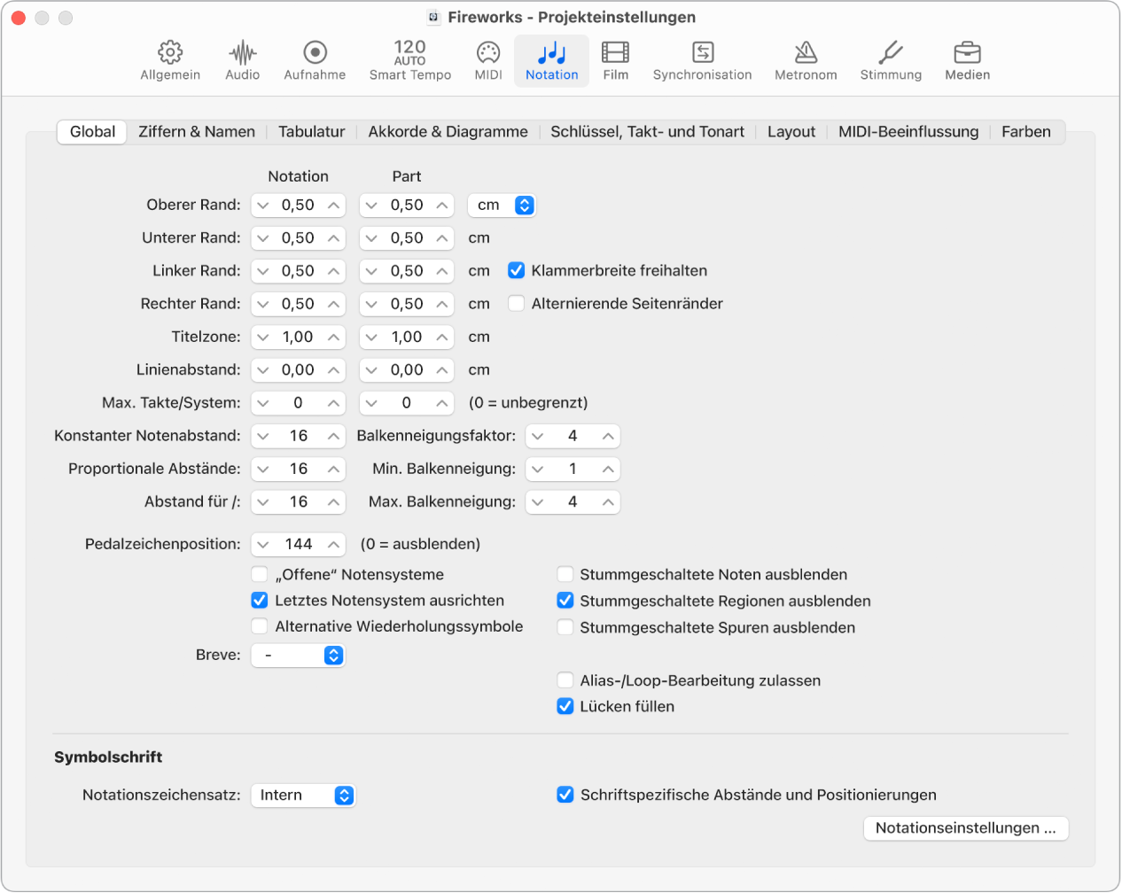 Abbildung. Projekteinstellungsbereich „Notation“ > „Global“