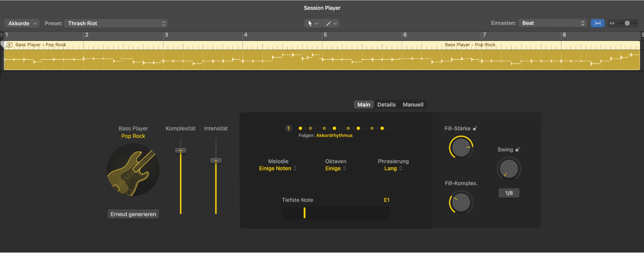 Abbildung. Der Session Player-Editor mit Bass Player