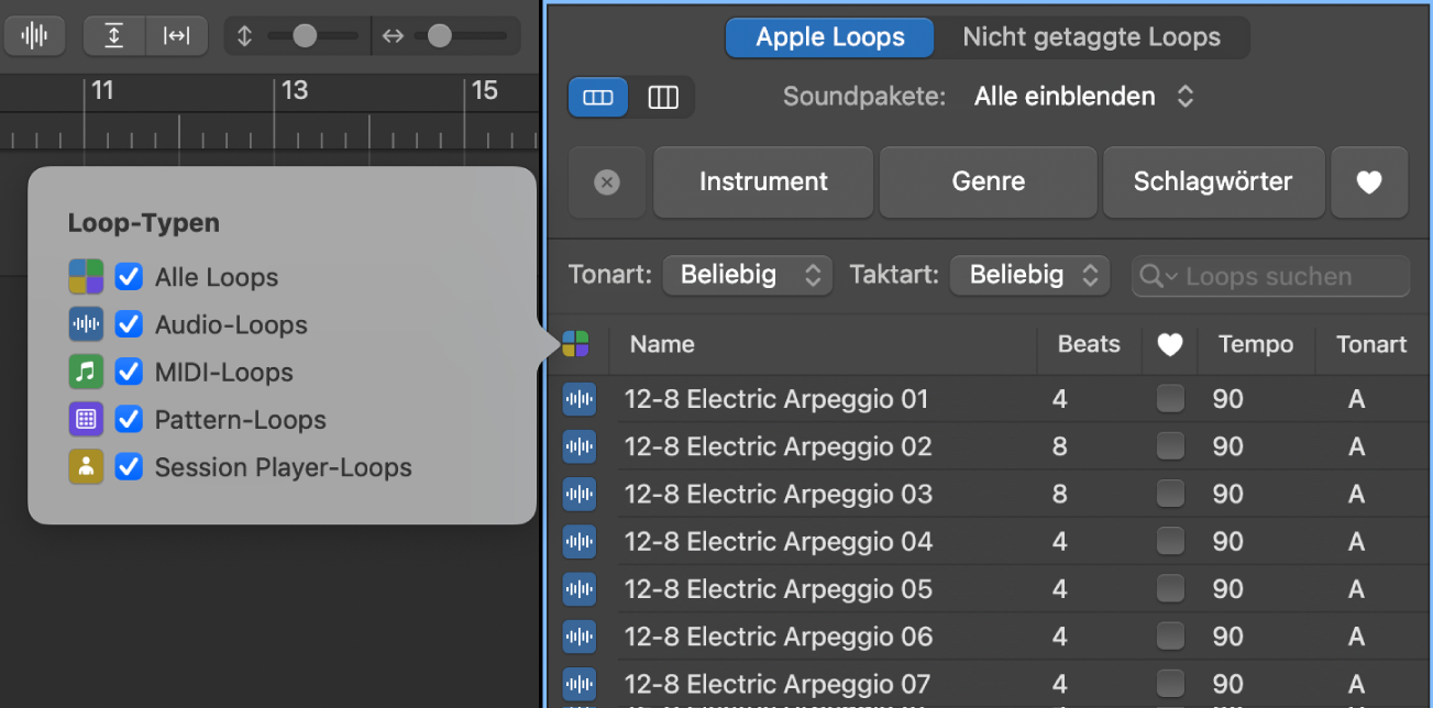 Abbildung. Einblendmenü „Loop-Typen“