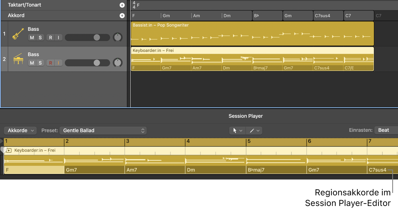 Abbildung. Projekt mit einer Session Player-Region mit Regionsakkorden im Session Player-Editor