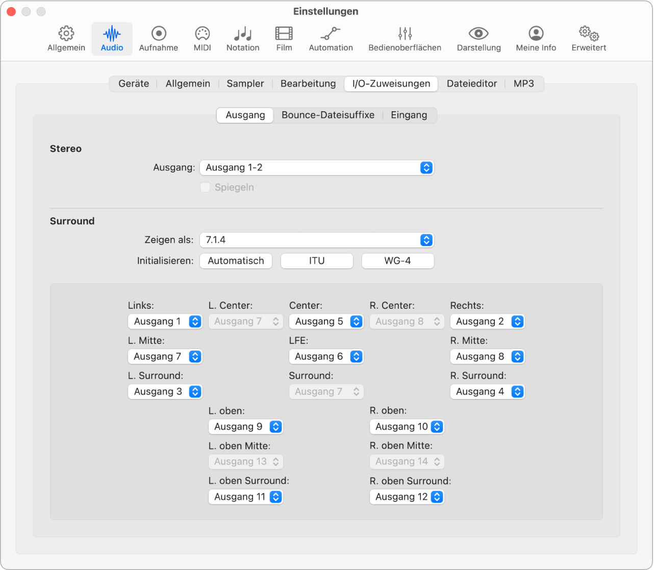 Abbildung. Einstellungsbereich „Audio“ > „I/O-Zuweisungen“ > „Ausgang“.