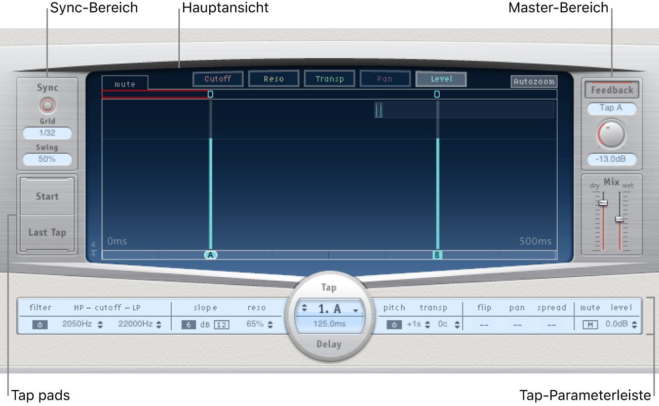 Abbildung. Delay Designer-Fenster mit Haupt-Interface-Bereichen