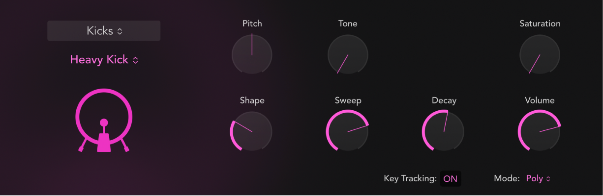 Abbildung. Bedienoberfläche von Drum Synth mit einem Kickdrum-Sound und den dazugehörigen Parametern. Die Parameter ändern sich, wenn ein anderer Kickdrum-Sound gewählt wird.