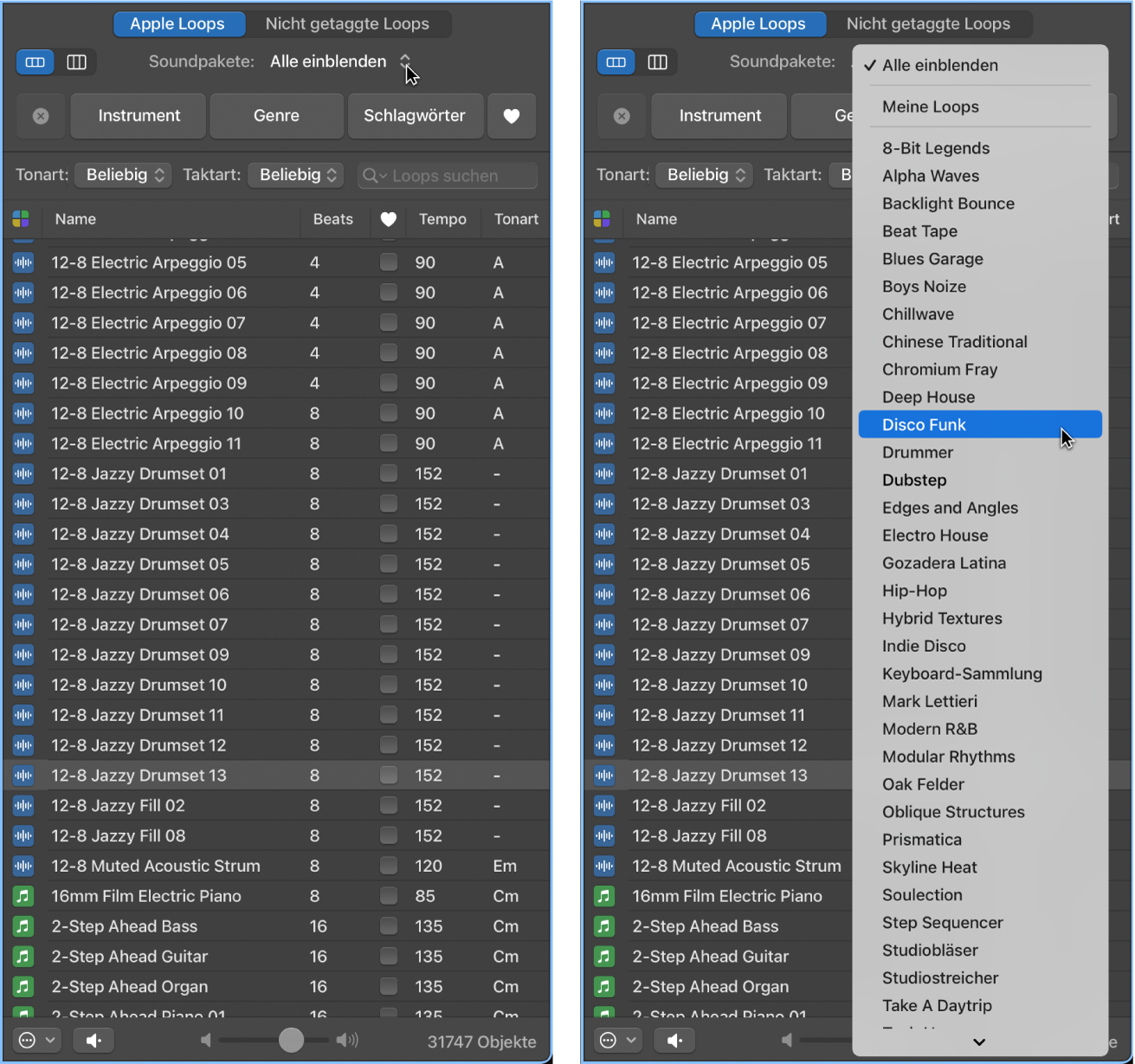 Abbildung. Das Einblendmenü „Sound Packs“ mit den verfügbaren Loops