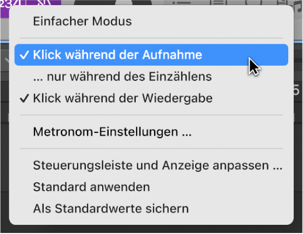 Abbildung. Das Menü „Metronom“ mit der aktivierten Option „Klick während der Aufnahme“ und einem Zeiger, der Metronomeinstellungen auswählt