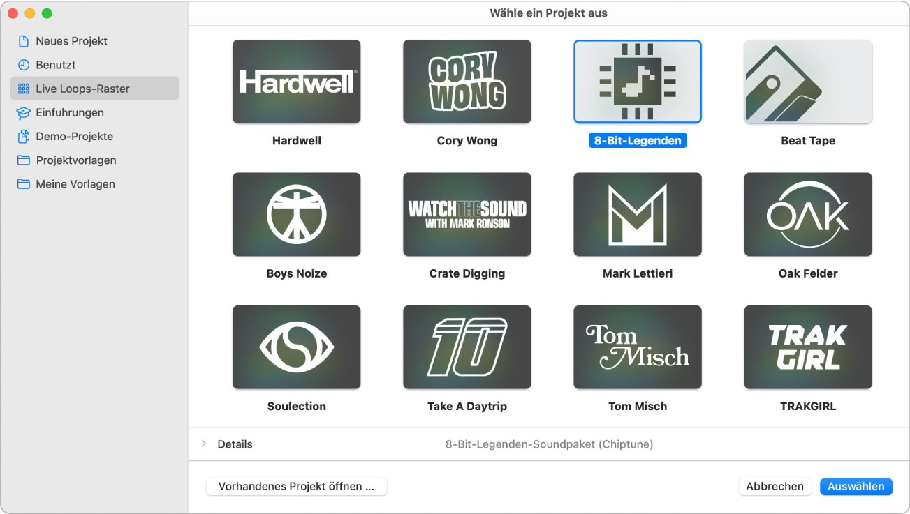 Abbildung. Projektauswahl mit Live Loops-Rastern