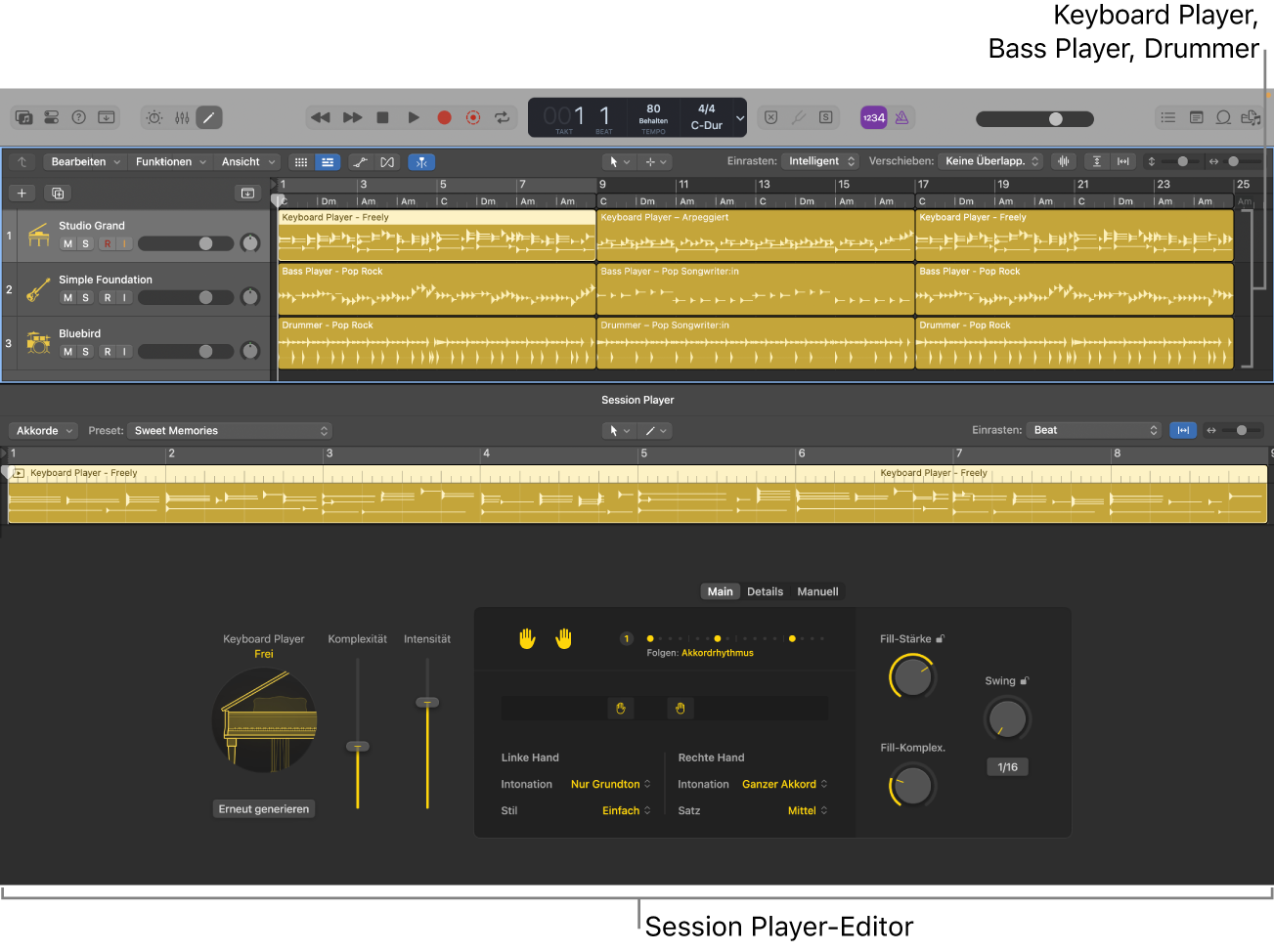 Abbildung. Keyboard Player, Bass Player und Drummer im Bereich „Spuren“ und der Session Player-Editor.