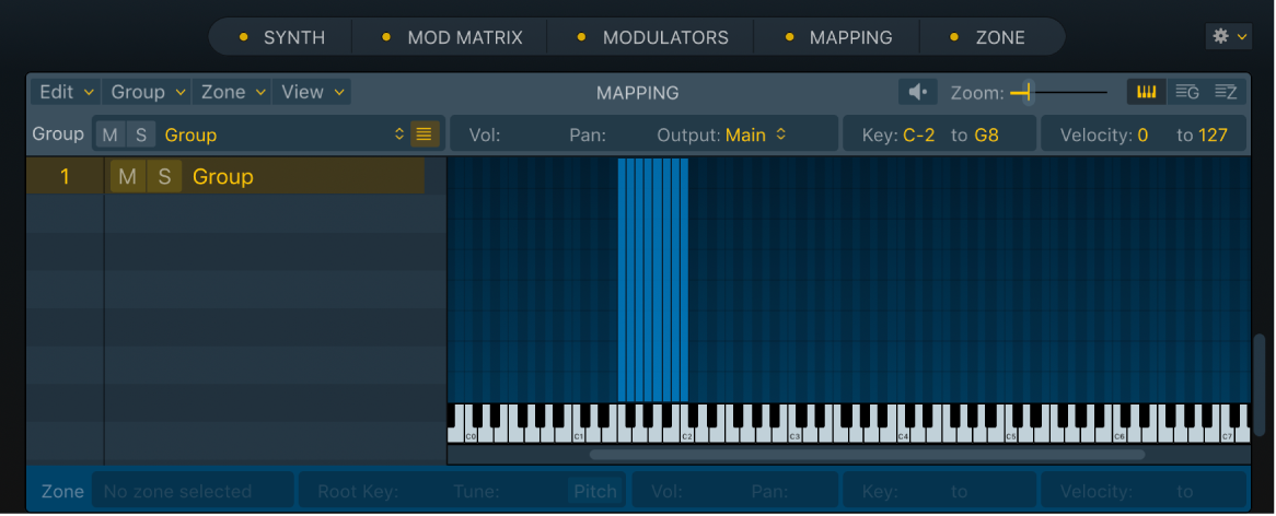 Abbildung. Key Mapping Editor mit den Zonen in einer von mehreren Gruppen, die mittels Drag & Drop und der Methode „Chromatic – Zone per file“ importiert wurden.