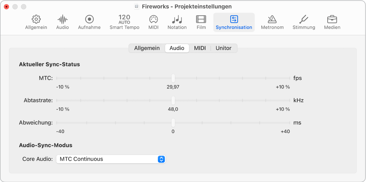 Abbildung. Projekteinstellungen „Audiosynchronisation“.