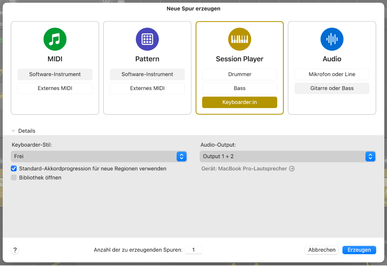 Abbildung. Dialogfenster „Neue Spuren“ mit den Tasten „MIDI“, „Pattern“, „Session Player“ und „Audio“.