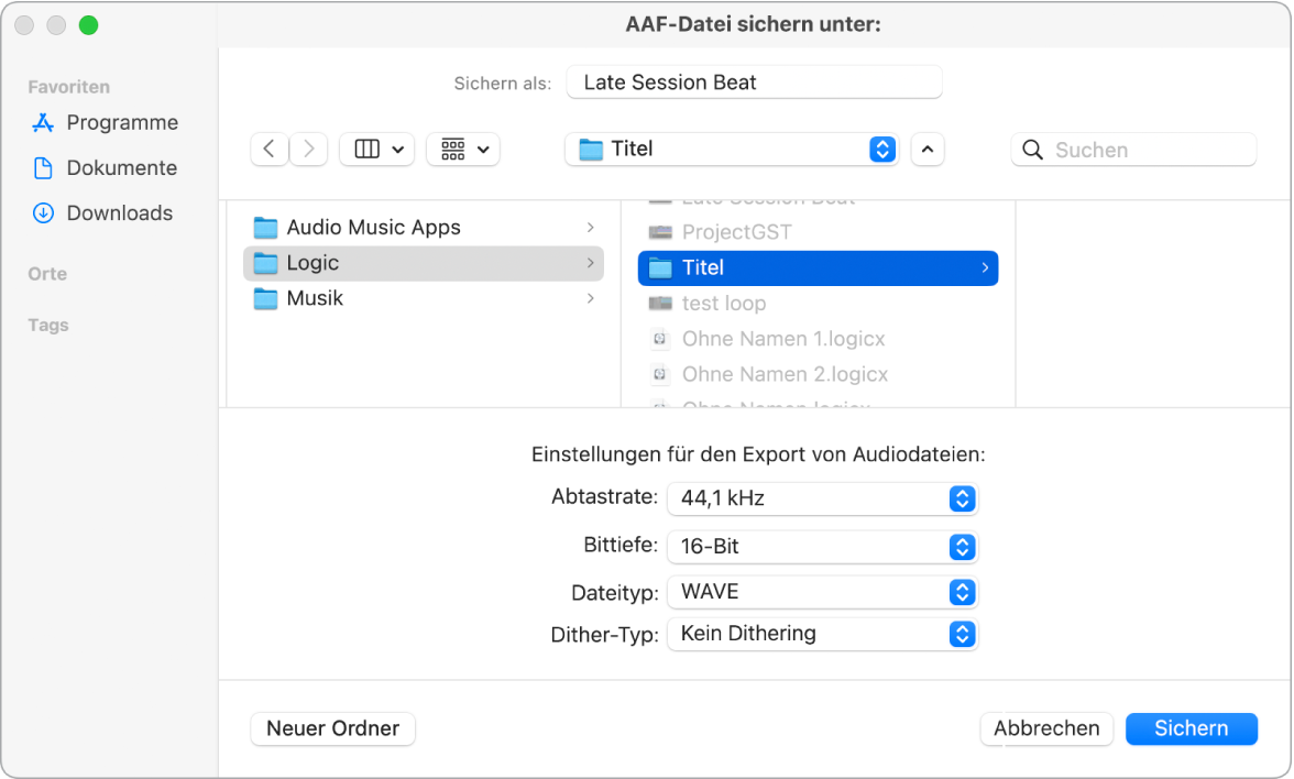 Dialogfenster „AAF-Datei sichern unter“