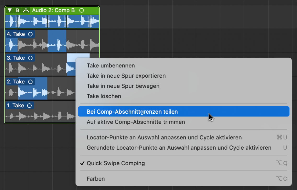 Abbildung. Auswählen von „An Comp-Abschnittgrenzen teilen“ aus dem Kontextmenü