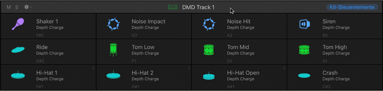 Abbildung. Grid und Leiste mit den Drumkit-Steuerungen in Drum Machine Designer