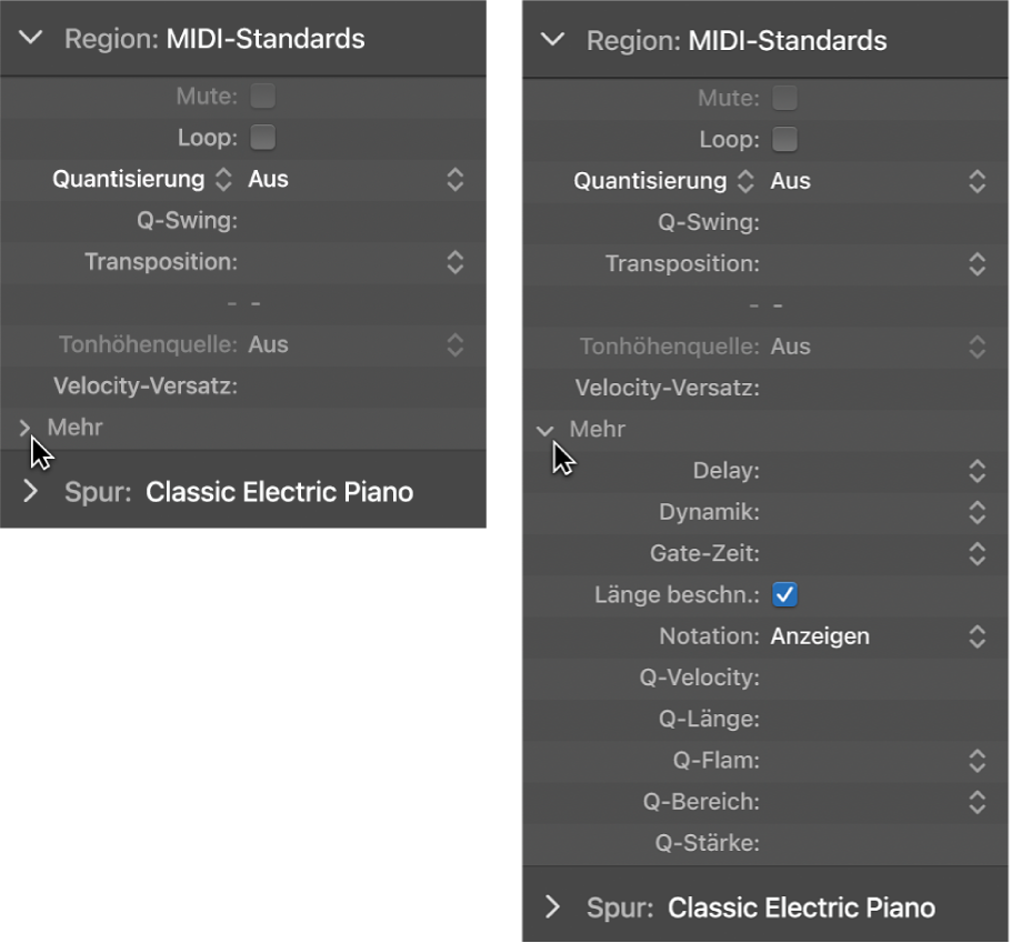 Abbildung. Quantifizierungsparameter für Audio- und MIDI-Regionen im Informationsfenster „Region“