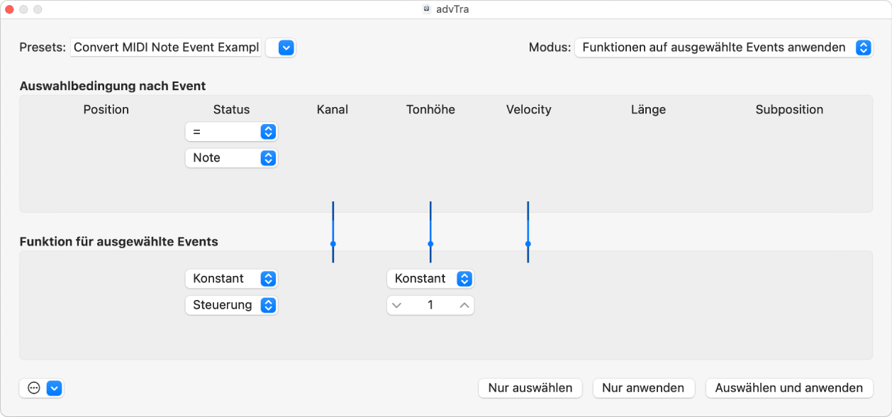 Abbildung. Transformer-Fenster mit Einstellungen zum Transformieren von MIDI-Noten-Events in Events des MIDI-Controller 1