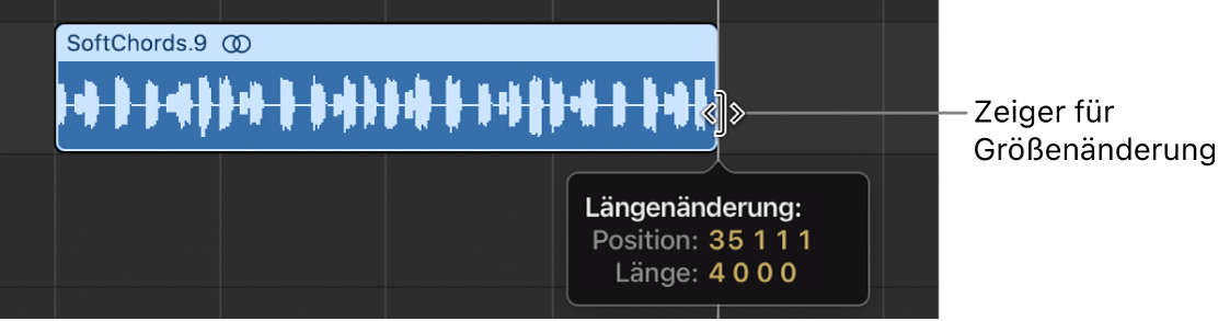 Abbildung. Änderung der Größe einer Region im Bereich „Spuren“. Der Info-Text zeigt die Länge der Region an