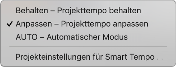 Abbildung. Menü in der Anzeige „Tempo“ mit den drei Modi für „Smart Tempo“