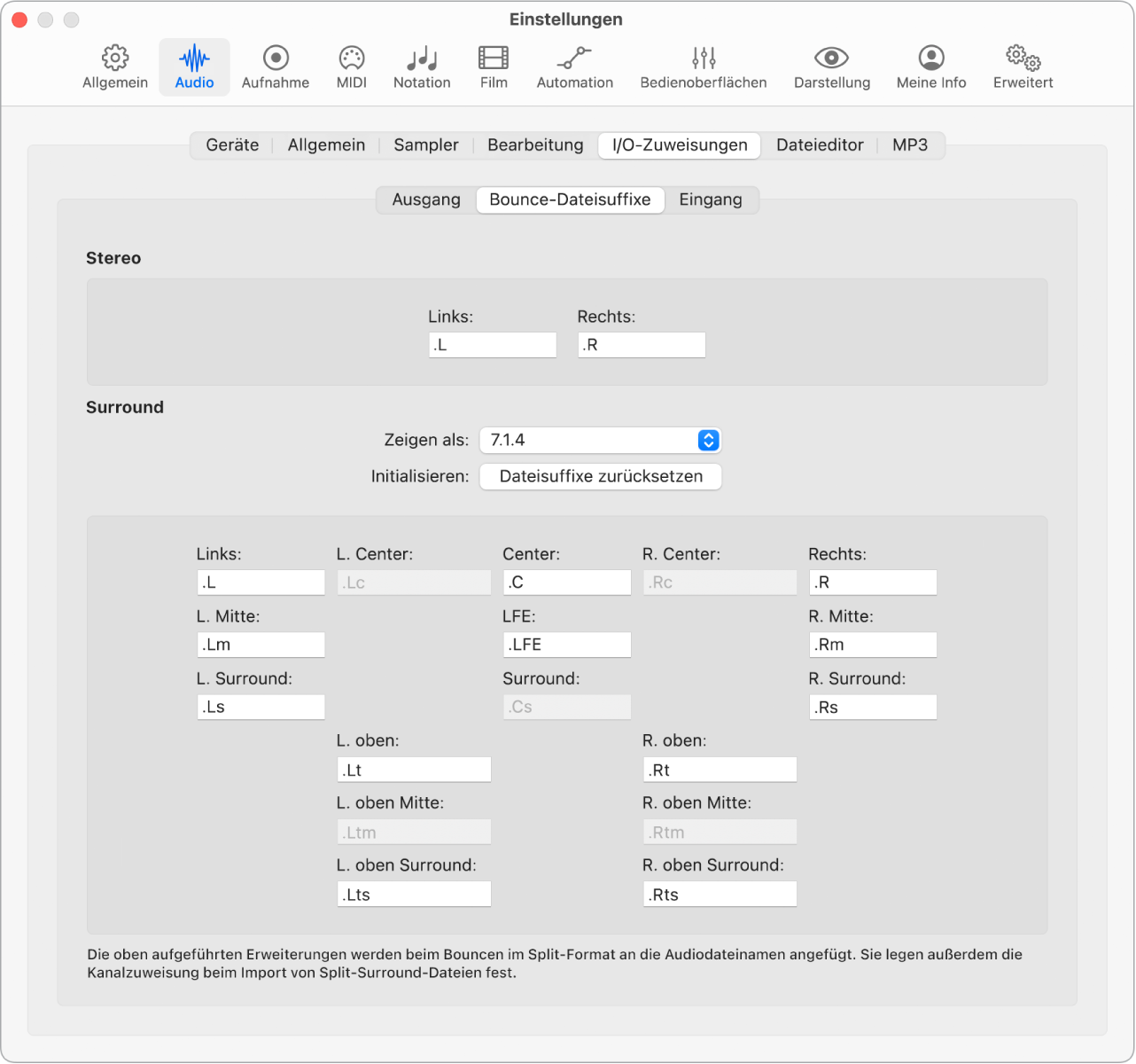 Abbildung. Einstellungsbereich „Audio“ > „I/O-Zuweisungen“ > „Bounce-Dateisuffixe“.