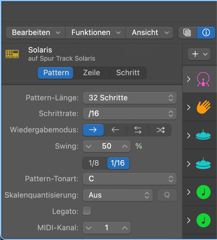 Lokales Informationsfenster des Step Sequencers mit Pattern-Einstellungen