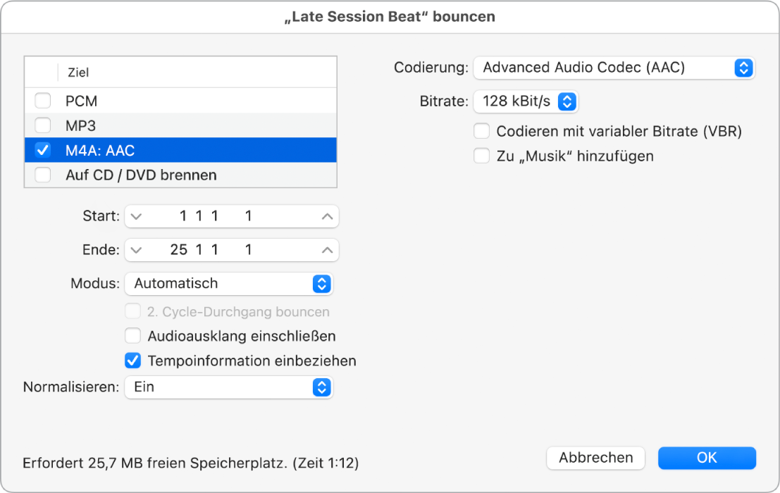 Abbildung. M4A AAC-Datei-Optionen im Bounce-Fenster