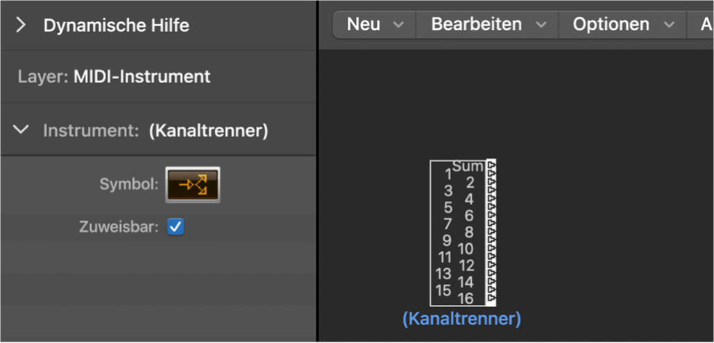 Abbildung. Environment-Fenster mit Anzeige eines Kanaltrenner-Objekts und des zugehörigen Informationsfensters