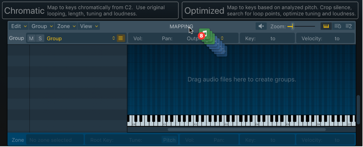 Abbildung. Bereich „Mapping“ mit Audiodateien, die auf die Navigationsleiste bewegt werden, auf der die Dropzonen „Chromatic“ und „Optimized“ zu sehen sind.