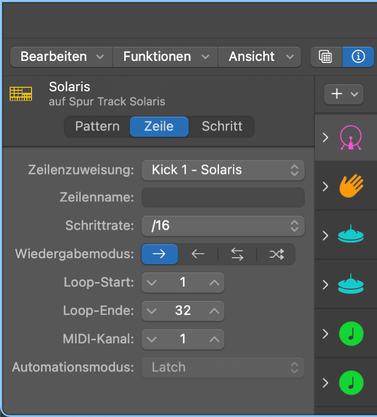 Lokales Informationsfenster des Step Sequencers mit Zeileneinstellungen