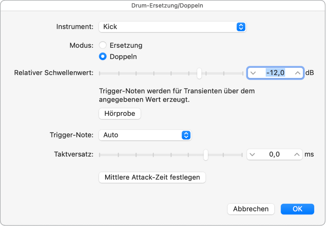 Abbildung. Dialogfenster „Drum-Ersetzung/Doppeln“