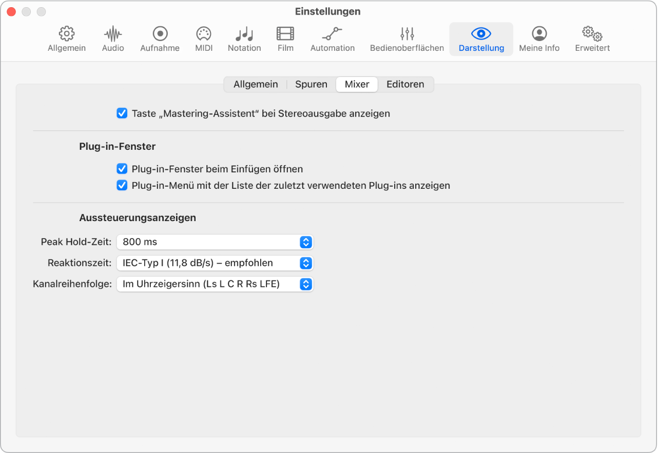 Abbildung. Anzeigeeinstellungen für Mixer