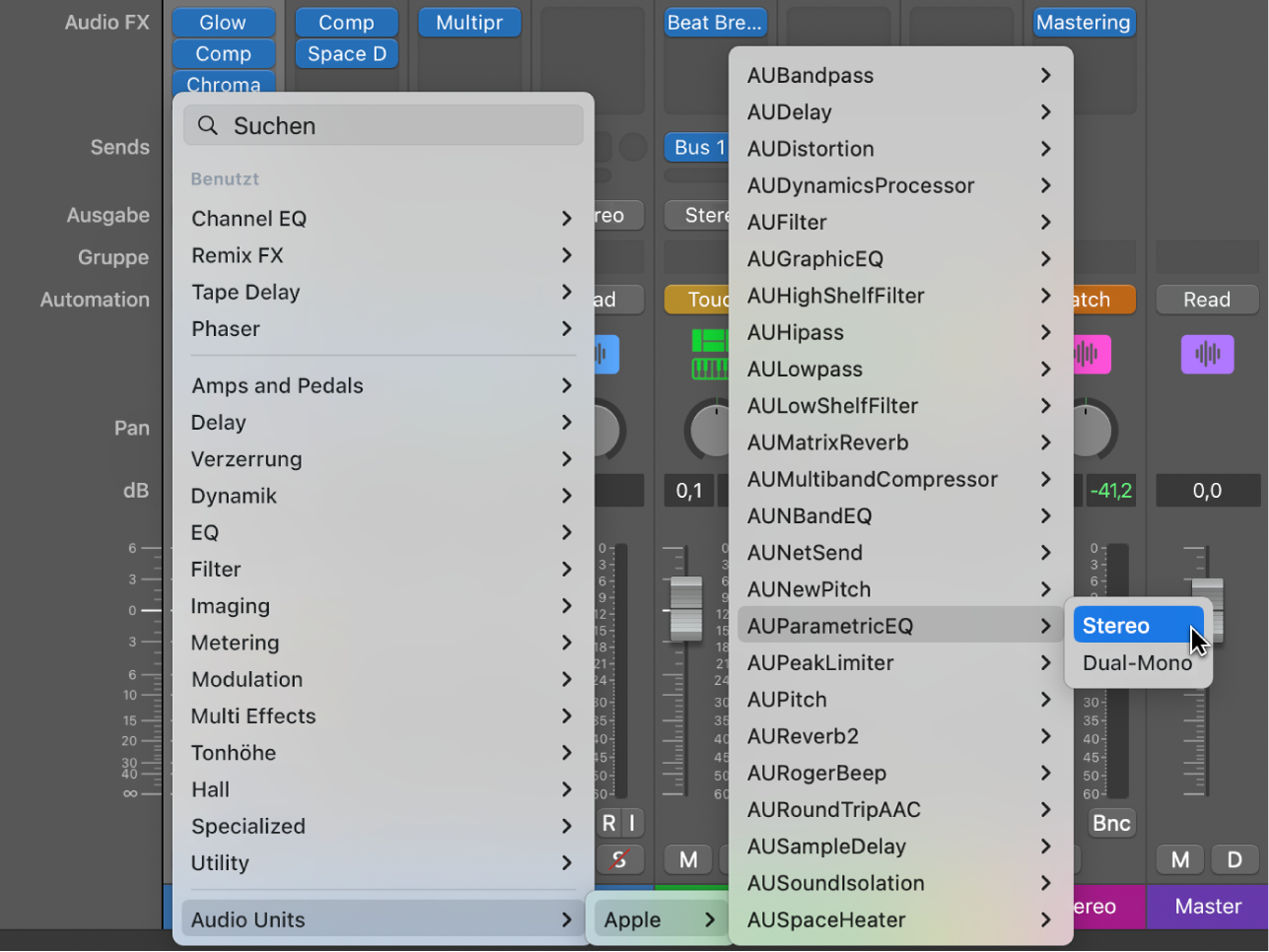 Untermenü „Audio Units“ im Menü „Plug-ins“