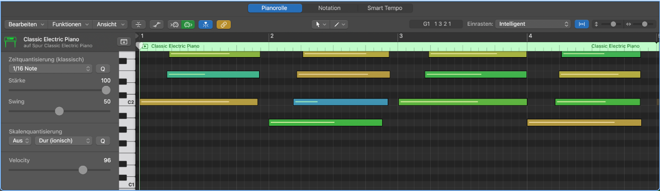 Abbildung. Pianorolleneditor mit einer MIDI-Region mit Noten-Events