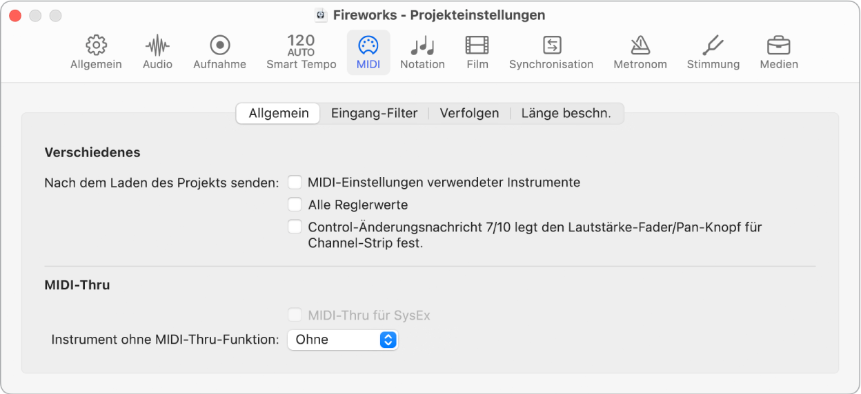 Abbildung. Projekteinstellungsbereich „MIDI“ > „Allgemein“